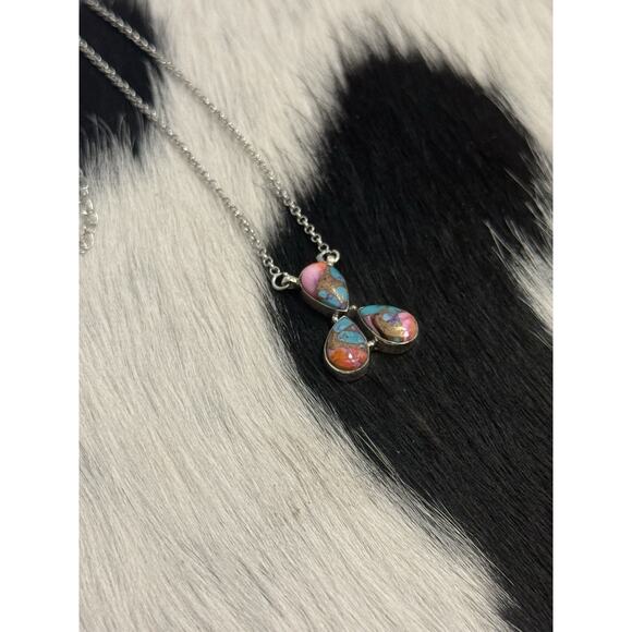 Native American Southwest Sterling Silver 3 Stone Purple Ice Dahlia Bar Necklace - Picture 6 of 11